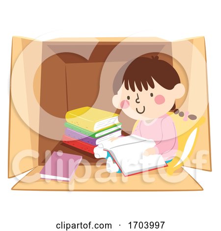 Kid Girl Read Books Inside Box Illustration by BNP Design Studio