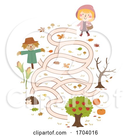 Kid Girl Autumn Collect Apple Maze Illustration by BNP Design Studio