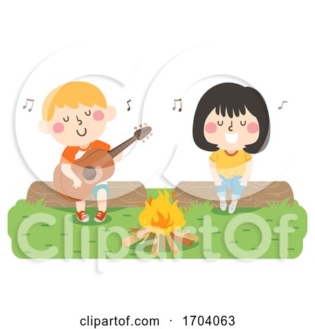 Kids Play Guitar Singing Bonfire Illustration by BNP Design Studio