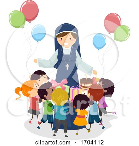 Stickman Kids Nun Give Birthday Gift Illustration by BNP Design Studio