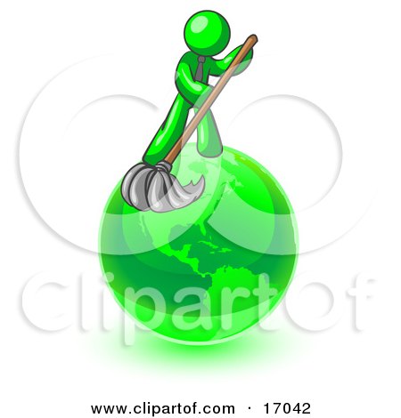 Lime Green Man Using A Wet Mop With Green Cleaning Products To Clean Up The Environment Of Planet Earth Clipart Illustration by Leo Blanchette