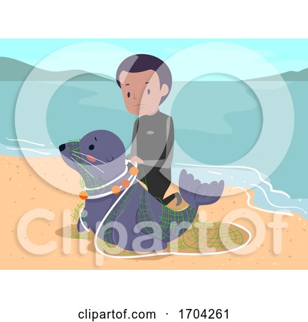 Man Seal Save Fish Net Trap Illustration by BNP Design Studio