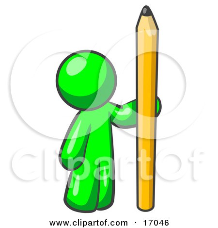 Lime Green Man Holding Up And Standing Beside A Giant Yellow Number Two Pencil Clipart Illustration by Leo Blanchette