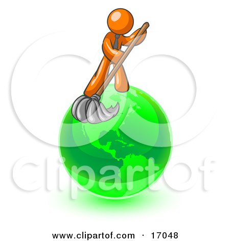 Orange Man Using A Wet Mop With Green Cleaning Products To Clean Up The Environment Of Planet Earth Clipart Illustration by Leo Blanchette