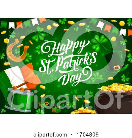 Patricks Day Holiday Pot of Gold and Clover Leaves by Vector Tradition SM