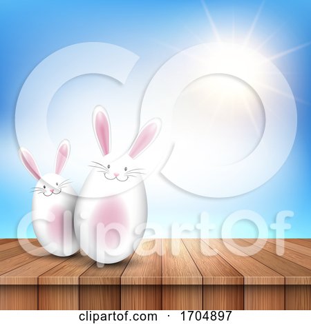 Easter Bunnies on a Wooden Table Looking out to a Sunny Sky by KJ Pargeter