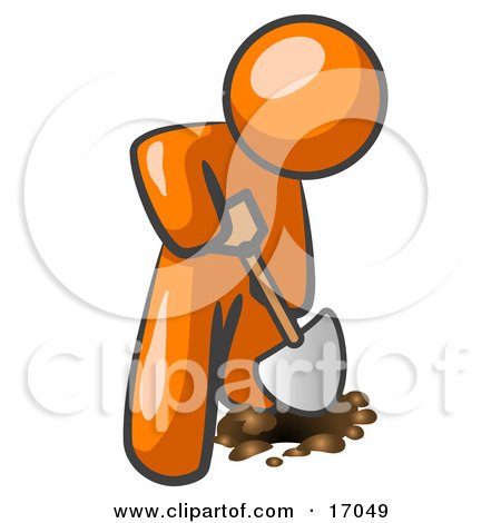 Orange Man Using A Shovel To Dig A Hole For A Plant In A Garden Clipart Illustration by Leo Blanchette