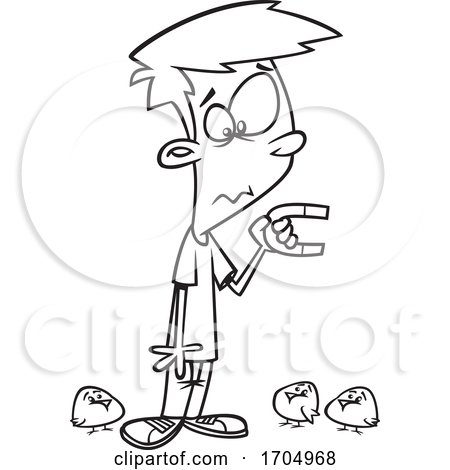 Lineart Cartoon Boy Holding a Magnet and Attracting Chicks by toonaday
