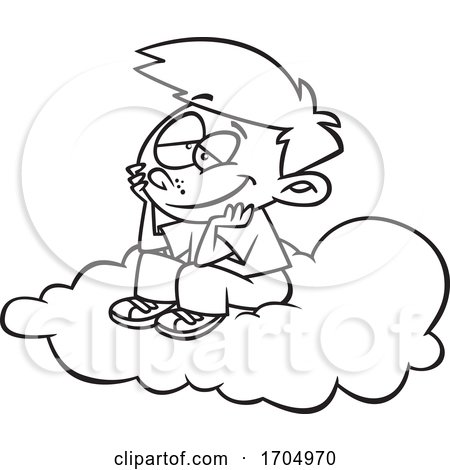 Lineart Cartoon Boy Daydreaming on a Cloud by toonaday