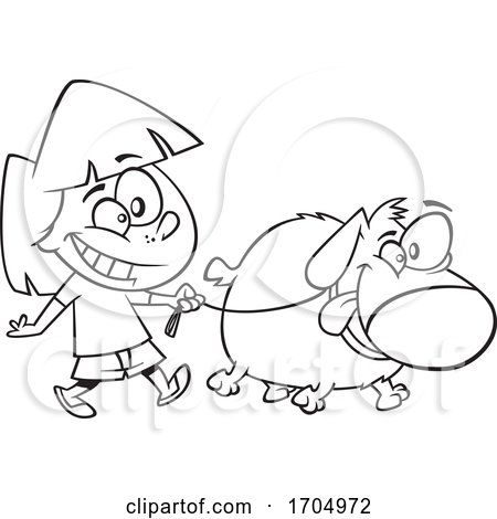 Lineart Cartoon Girl Walking a Dog by toonaday