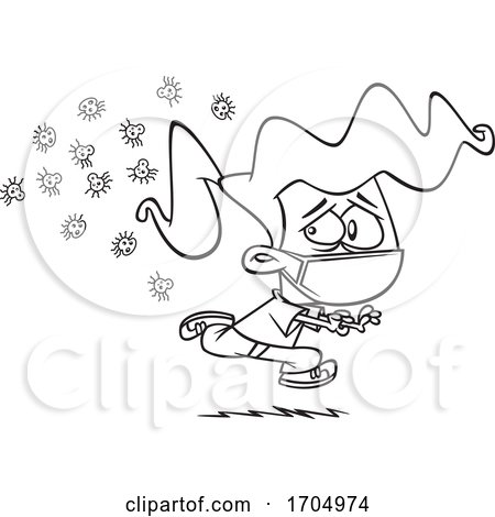Lineart Cartoon Girl Wearing a Face Mask and Running from Germs by toonaday