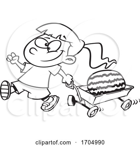 Lineart Cartoon Girl Pulling a Watermelon in a Wagon by toonaday