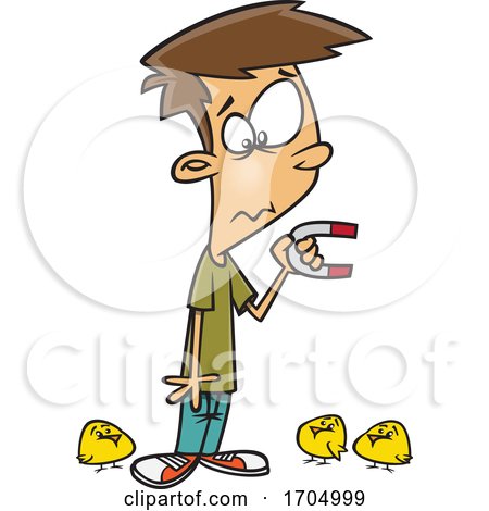 Clipart Cartoon Boy Holding a Magnet and Attracting Chicks by toonaday