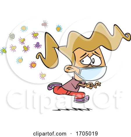 Clipart Cartoon Girl Wearing a Face Mask and Running from Germs by toonaday