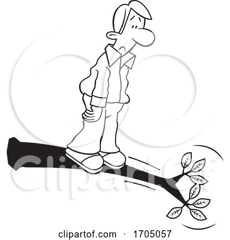 Clipart Cartoon Black and White Man out on a Limb by Johnny Sajem