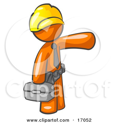 Orange Man, A Construction Worker, Handyman Or Electrician, Wearing A Yellow Hardhat And Tool Belt And Carrying A Metal Toolbox While Pointing To The Right Clipart Illustration by Leo Blanchette
