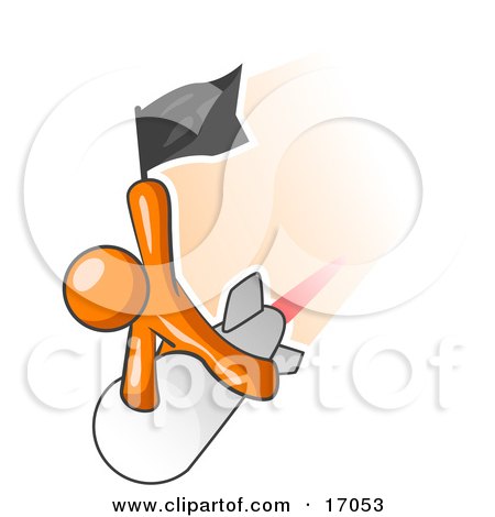 Orange Man Waving A Flag While Riding On Top Of A Fast Missile Or Rocket, Symbolizing Success Clipart Illustration by Leo Blanchette