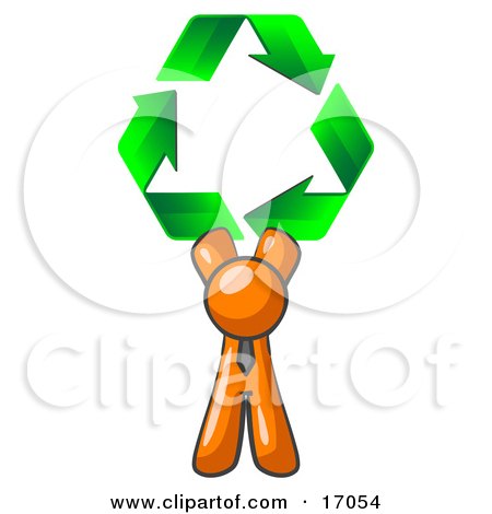 Orange Man Holding Up Three Green Arrows Forming A Triangle And Moving In A Clockwise Motion, Symbolizing Renewable Energy And Recycling Clipart Illustration by Leo Blanchette