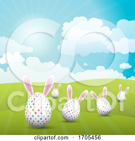 Cute Easter Eggs with Bunny Ears in a Sunny Landscape by KJ Pargeter