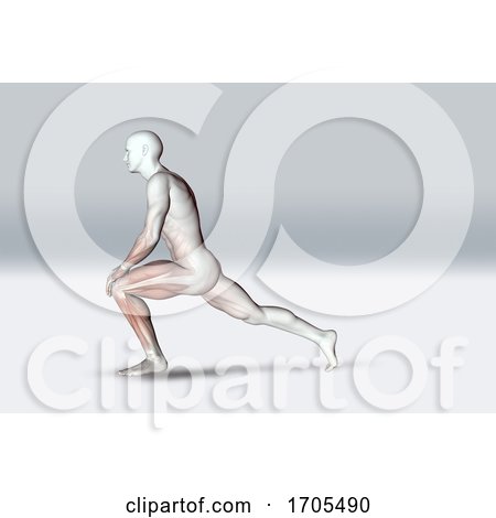 3D Male Figure in Stretching Pose Holding Knee and Showing Muscles by KJ Pargeter