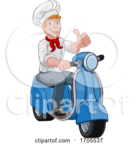 Chef Moped Scooter Food Delivery Man Cartoon by AtStockIllustration