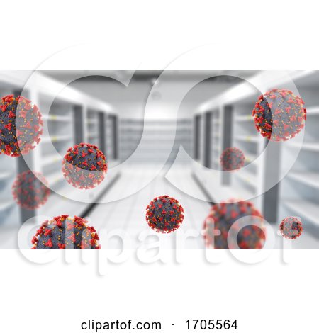 3D Interior of a Supermarket with Empty Shelves and Covid 19 Virus Cells by KJ Pargeter