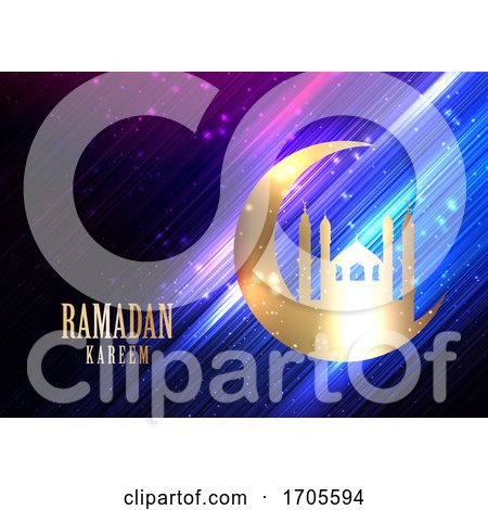 Ramadan Kareem Background with Glowing Lights, Crescent and Mosque Silhouette by KJ Pargeter