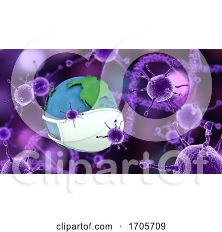 3D Medical Background with Virus Cells and Globe with Face Mask Depicting Global Pandemic by KJ Pargeter