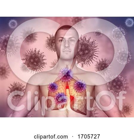3D Medical Image with Male Figure with Virus Cells Attacking the Lungs by KJ Pargeter