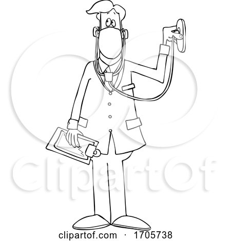 Cartoon Black and White Male Doctor Wearing a Mask and Listening Through a Stethoscope by djart