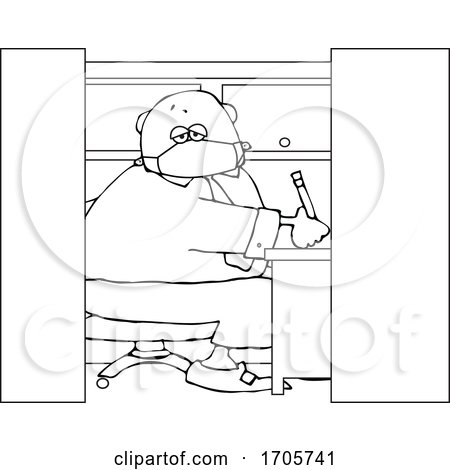 Cartoon Black and White Businessman Wearing a Covid19 Mask and Working in a Cubicle by djart