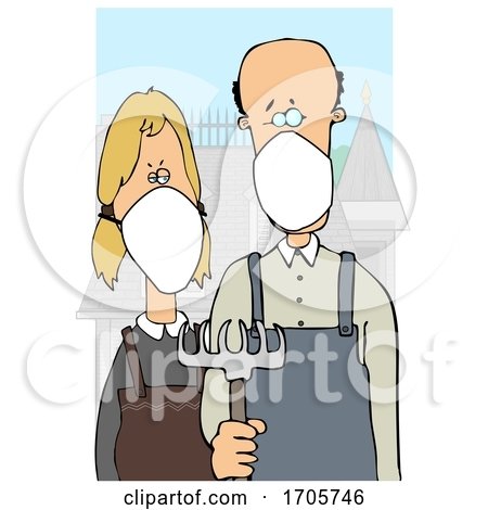 Cartoon American Gothic Parody of a Farmer Couple Wearing Masks by djart