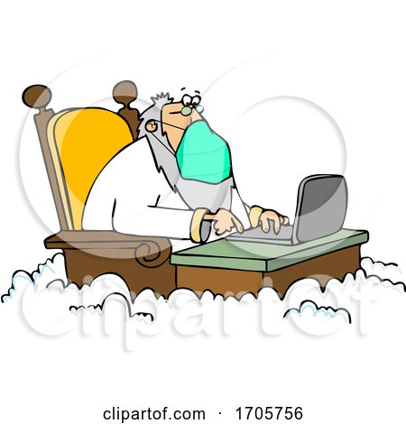 Cartoon St Peter Wearing a Mask and Working on a Laptop by djart