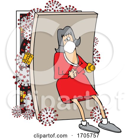 Cartoon Woman Wearing a Mask and Leaning Back Against a Door with Coronavirus by djart
