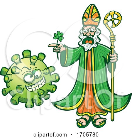Cartoon Saint Patrick Chasing a Coronavirus by Zooco