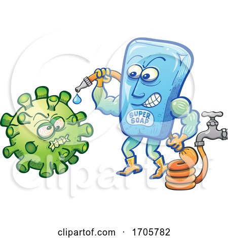Cartoon Bar of Super Soap Spraying down Coronavirus by Zooco