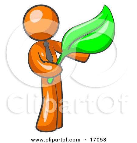 Orange Man Holding A Green Leaf, Symbolizing Gardening, Landscaping Or Organic Products Clipart Illustration by Leo Blanchette
