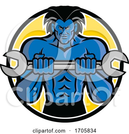 blue muscular monster with big hair holding a wrench or spanner by patrimonio