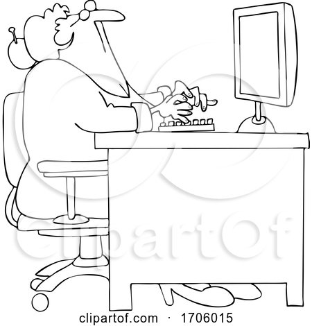 Cartoon Lineart Old Woman Looking up at Her Computer Desk by djart