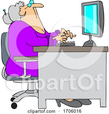 Cartoon Old Woman Looking up at Her Computer Desk by djart