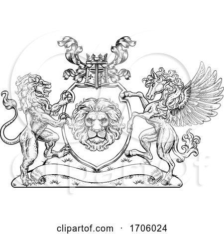 Coat of Arms Pegasus Lion Crest Shield Family Seal by AtStockIllustration
