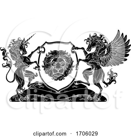 Coat of Arms Crest Pegasus Unicorn Lion Shield by AtStockIllustration
