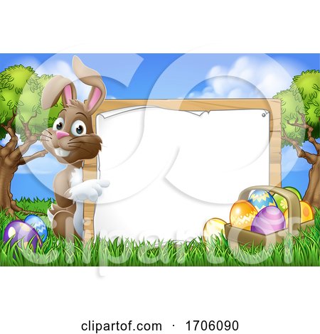 Easter Bunny Sign Eggs Basket Background Cartoon by AtStockIllustration