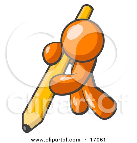 Orange Man Using All Of His Strength To Hold Up And Write With A Giant Yellow Number Two Pencil Clipart Illustration by Leo Blanchette