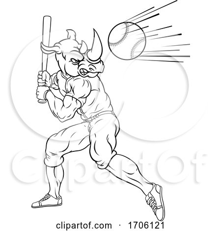 Rhino Baseball Player Mascot Swinging Bat at Ball by AtStockIllustration