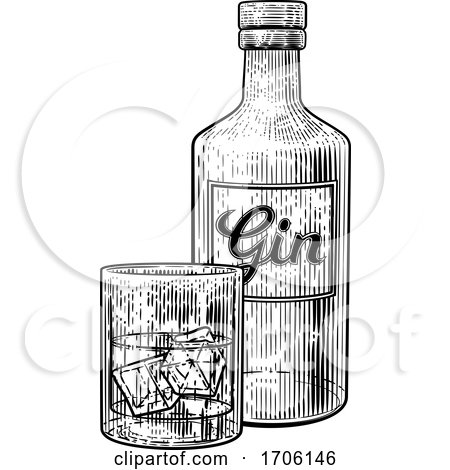 Gin Bottle Glass and Ice Vintage Etching Style by AtStockIllustration