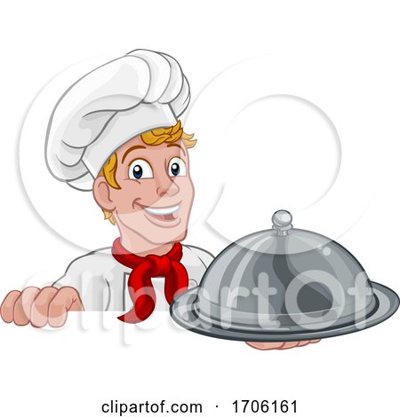 Chef Cook Baker Man Cartoon Holding Domed Tray by AtStockIllustration