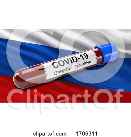 Flag of Russia Waving in the Wind with a Positive Covid 19 Blood Test Tube by stockillustrations