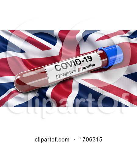 Flag of the United Kingdom Waving in the Wind with a Positive Covid 19 Blood Test Tube by stockillustrations