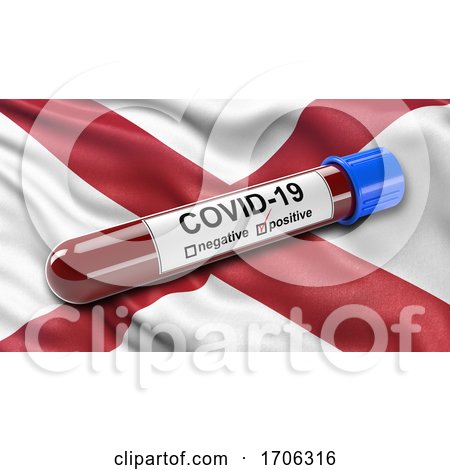 US State Flag of Alabama Waving in the Wind with a Positive Covid 19 Blood Test Tube by stockillustrations